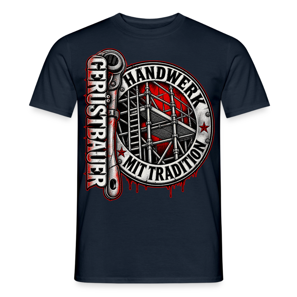 Gerüstbau Handwerk – Gerüstbauer T-Shirt für Männer in Navy: rundes Siegel mit Ratsche, Schriftzug „Gerüstbauer – Handwerk mit Tradition“