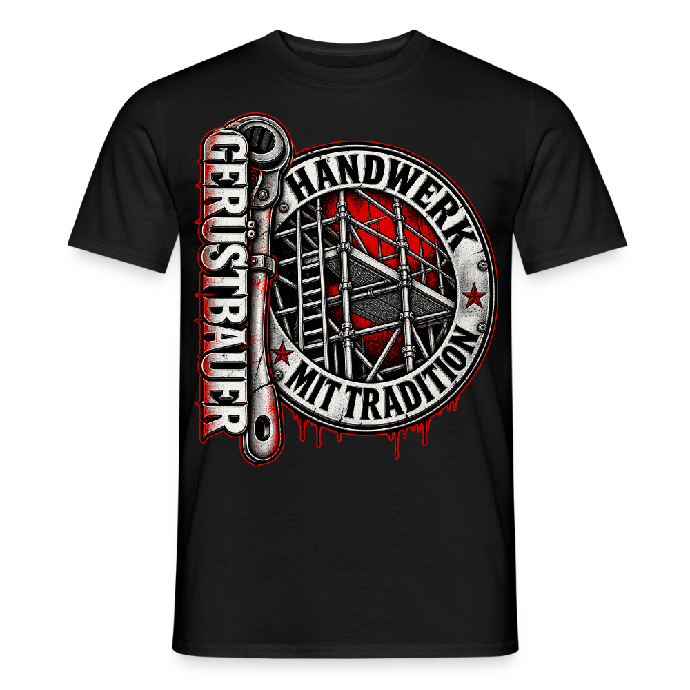 Gerüstbau Handwerk – Gerüstbauer T-Shirt für Männer in Schwarz: rundes Siegel mit Ratsche, Schriftzug „Gerüstbauer – Handwerk mit Tradition“