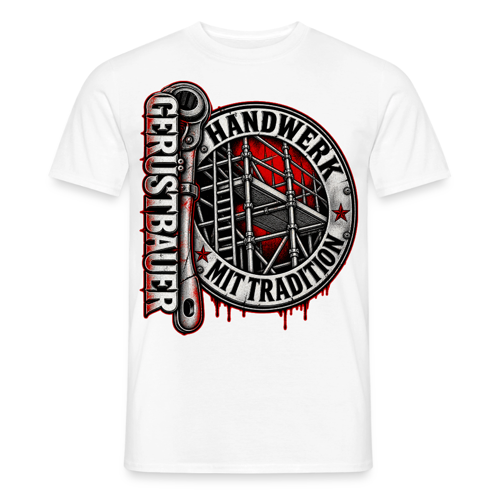 Gerüstbau Handwerk – Gerüstbauer T-Shirt für Männer in Weiß: rundes Siegel mit Ratsche, Schriftzug „Gerüstbauer – Handwerk mit Tradition“
