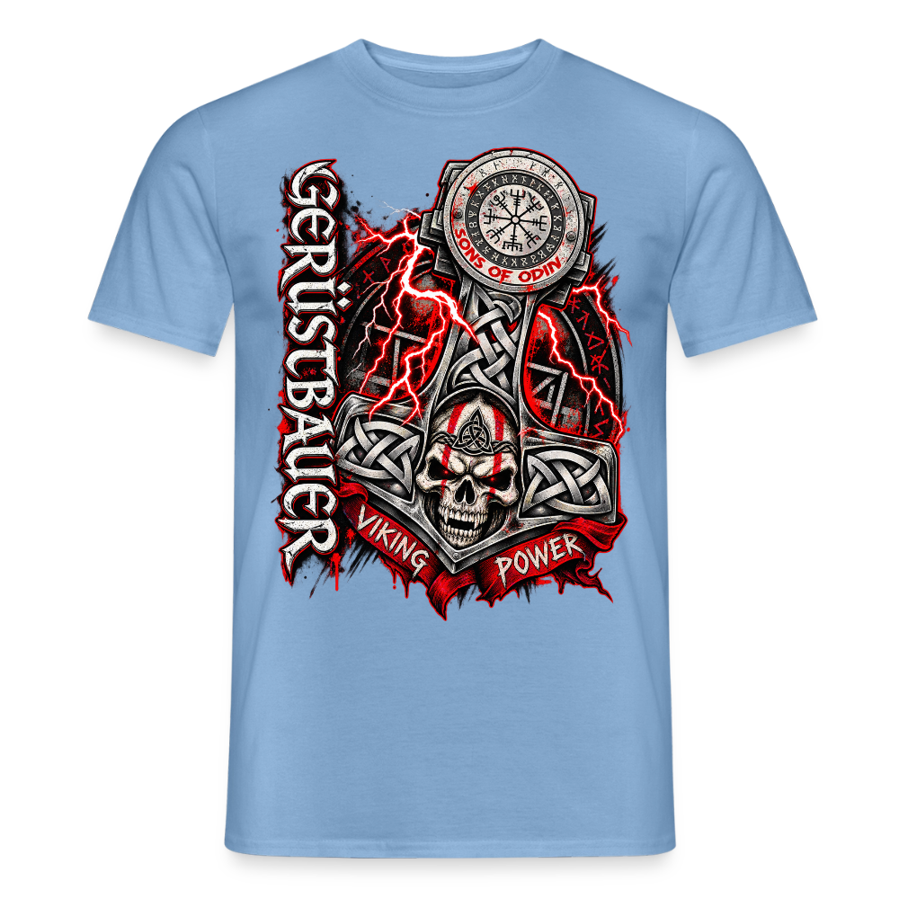 Gerüstbau Viking – Gerüstbauer T-Shirt für Männer in Carolina Blue: Thors Hammer mit keltischem Knoten und Totenkopf, Schriftzug „Viking Power“