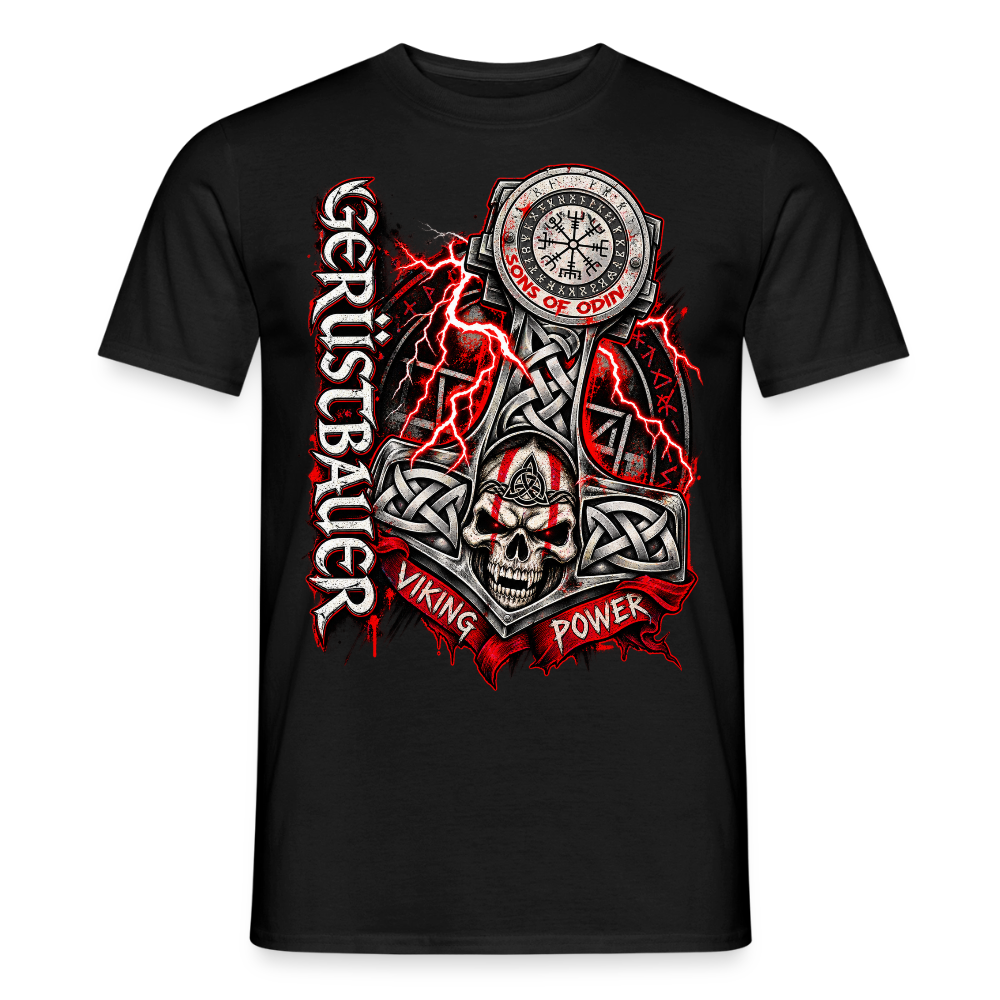 Gerüstbau Viking – Gerüstbauer T-Shirt für Männer in Schwarz: Thors Hammer mit keltischem Knoten und Totenkopf, Schriftzug „Viking Power“