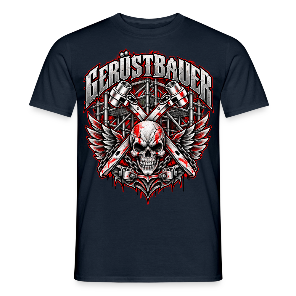 Gerüstbauer Flügel Ratschen – Gerüstbauer T-Shirt für Männer in Navy: geflügelter Totenkopf mit gekreuzten Ratschen vor Gerüst