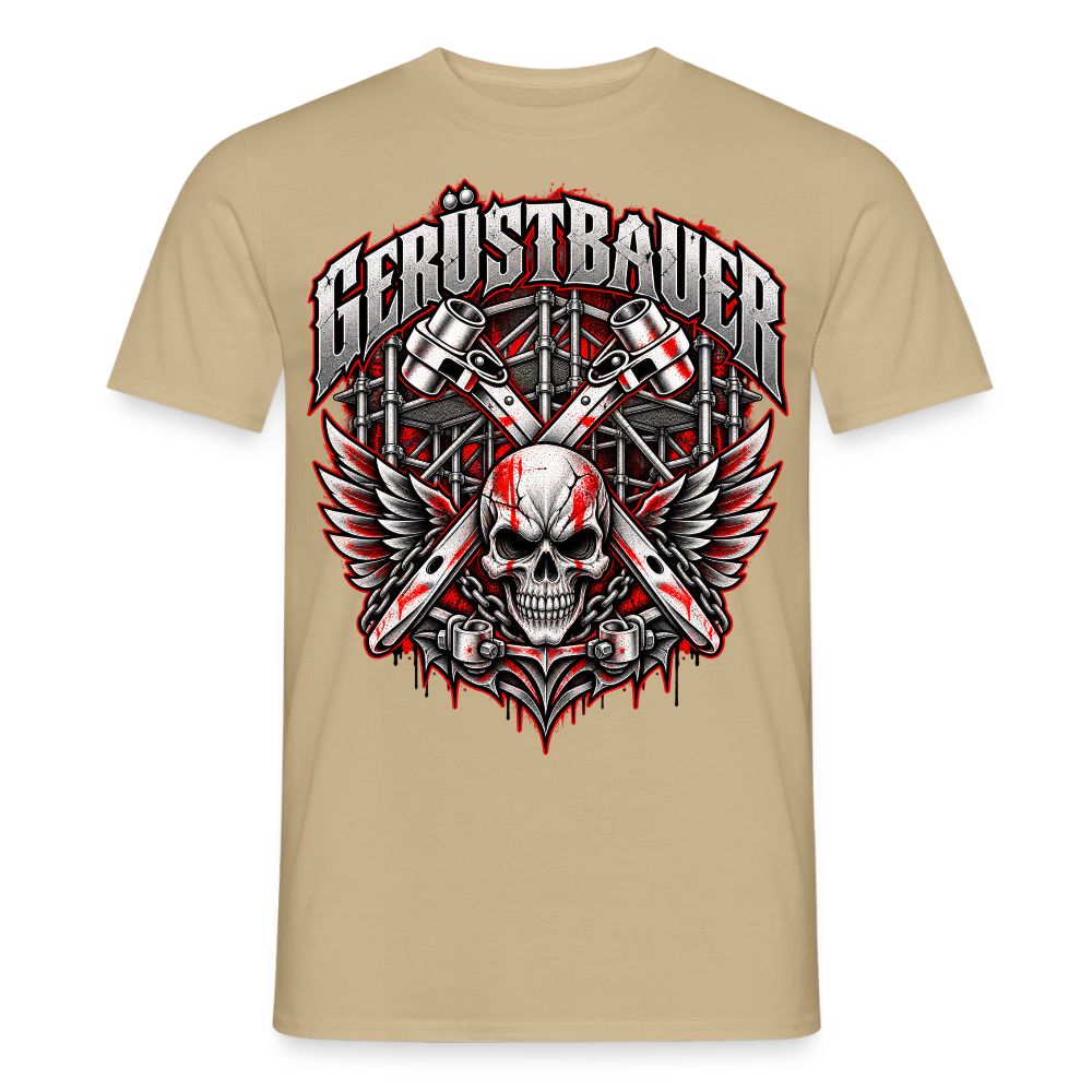 Gerüstbauer Flügel Ratschen – Gerüstbauer T-Shirt für Männer in Sandbeige: geflügelter Totenkopf mit gekreuzten Ratschen vor Gerüst