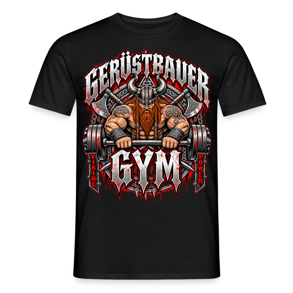 Gerüstbauer GYM – Gerüstbauer T-Shirt für Männer in Schwarz: muskulöser Wikinger beim Gewichtheben, Schriftzug „Gerüstbauer GYM“