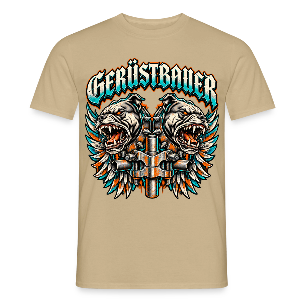Gerüstbauer Hunde Flügel – Gerüstbauer T-Shirt für Männer in Sandbeige: zwei Kampfhund-Köpfe mit Flügeln und Schriftzug Gerüstbauer