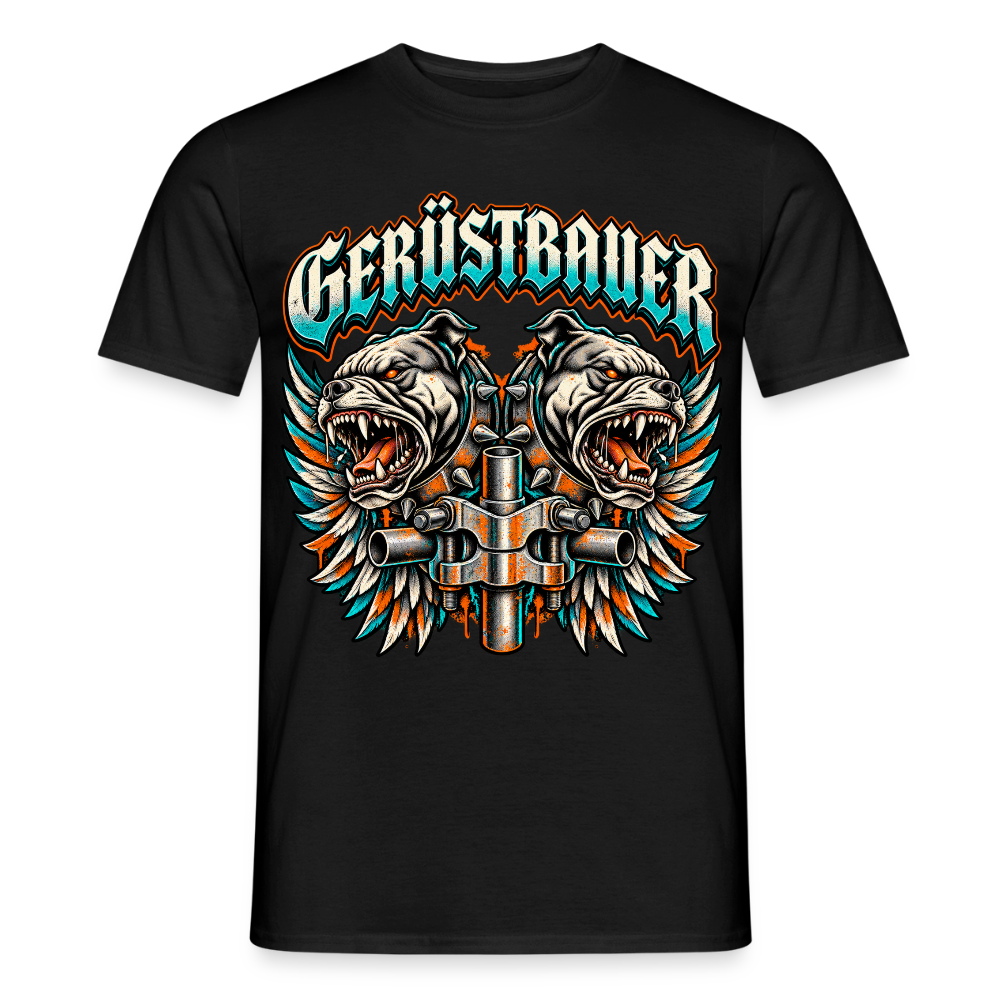 Gerüstbauer Hunde Flügel – Gerüstbauer T-Shirt für Männer in Schwarz: zwei Kampfhund-Köpfe mit Flügeln und Schriftzug Gerüstbauer