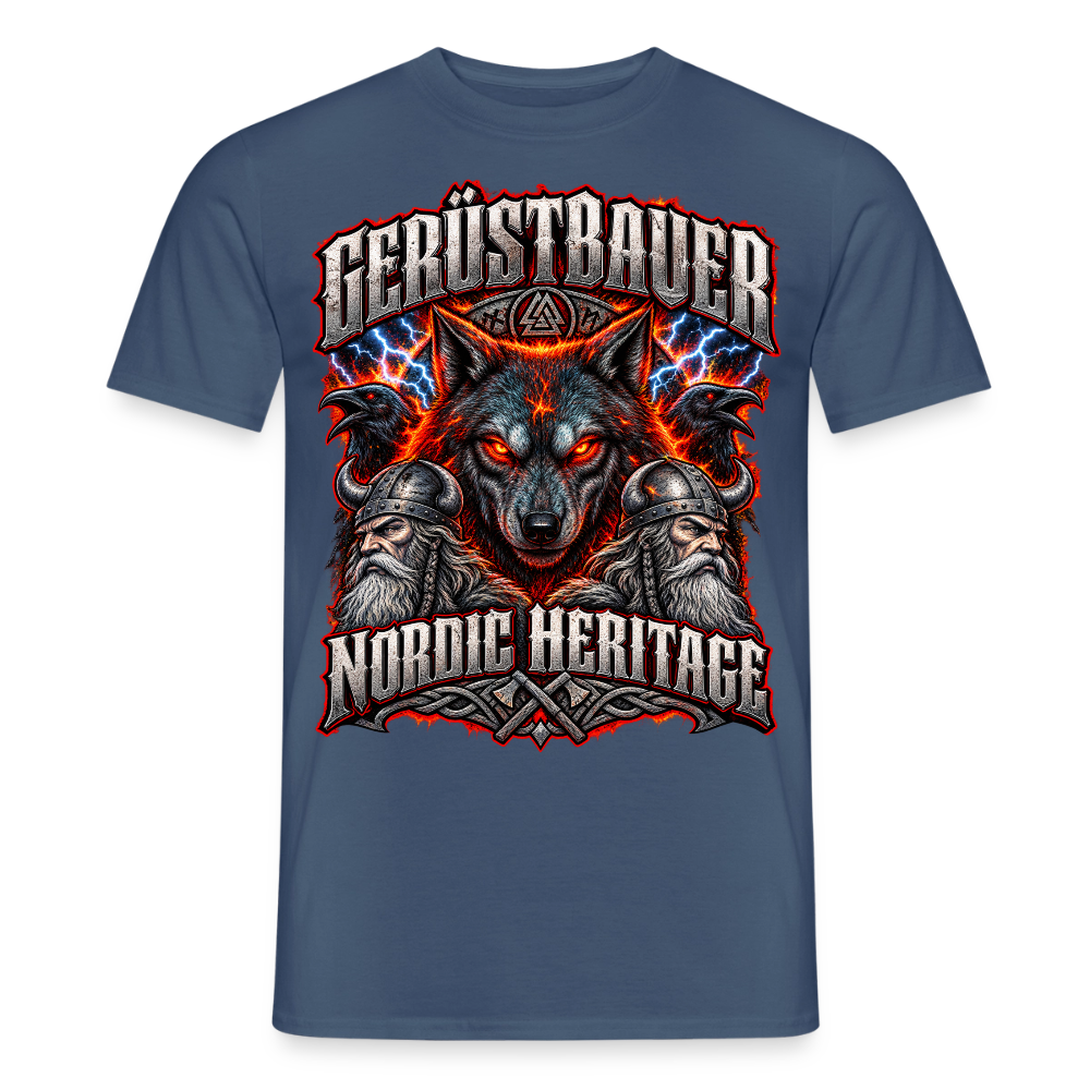 Gerüstbauer Nordic Heritage – Wolf & Blitz – Gerüstbauer T-Shirt für Männer in Dunkles Denimblau: Wolf mit Blitzen, Schriftzug „Gerüstbauer – Nordic Heritage“