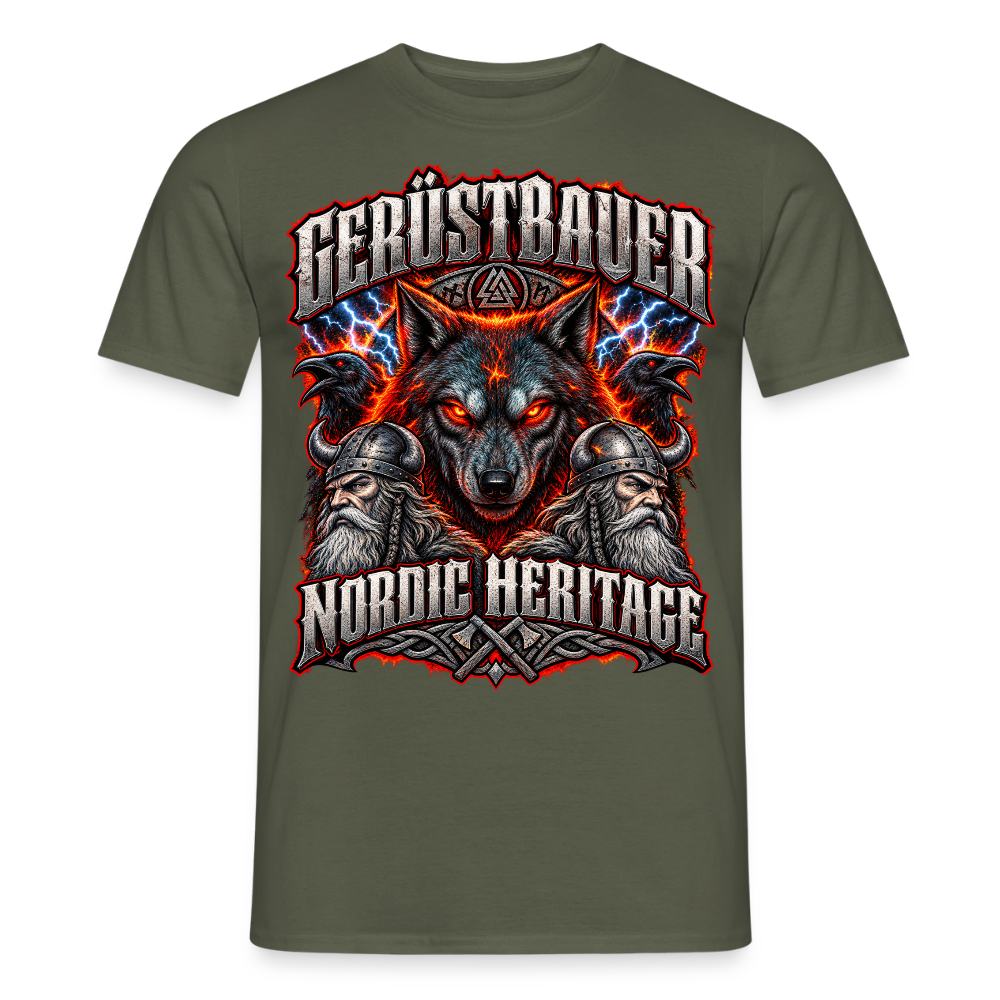 Gerüstbauer Nordic Heritage – Wolf & Blitz – Gerüstbauer T-Shirt für Männer in Militärgrün: Wolf mit Blitzen, Schriftzug „Gerüstbauer – Nordic Heritage“