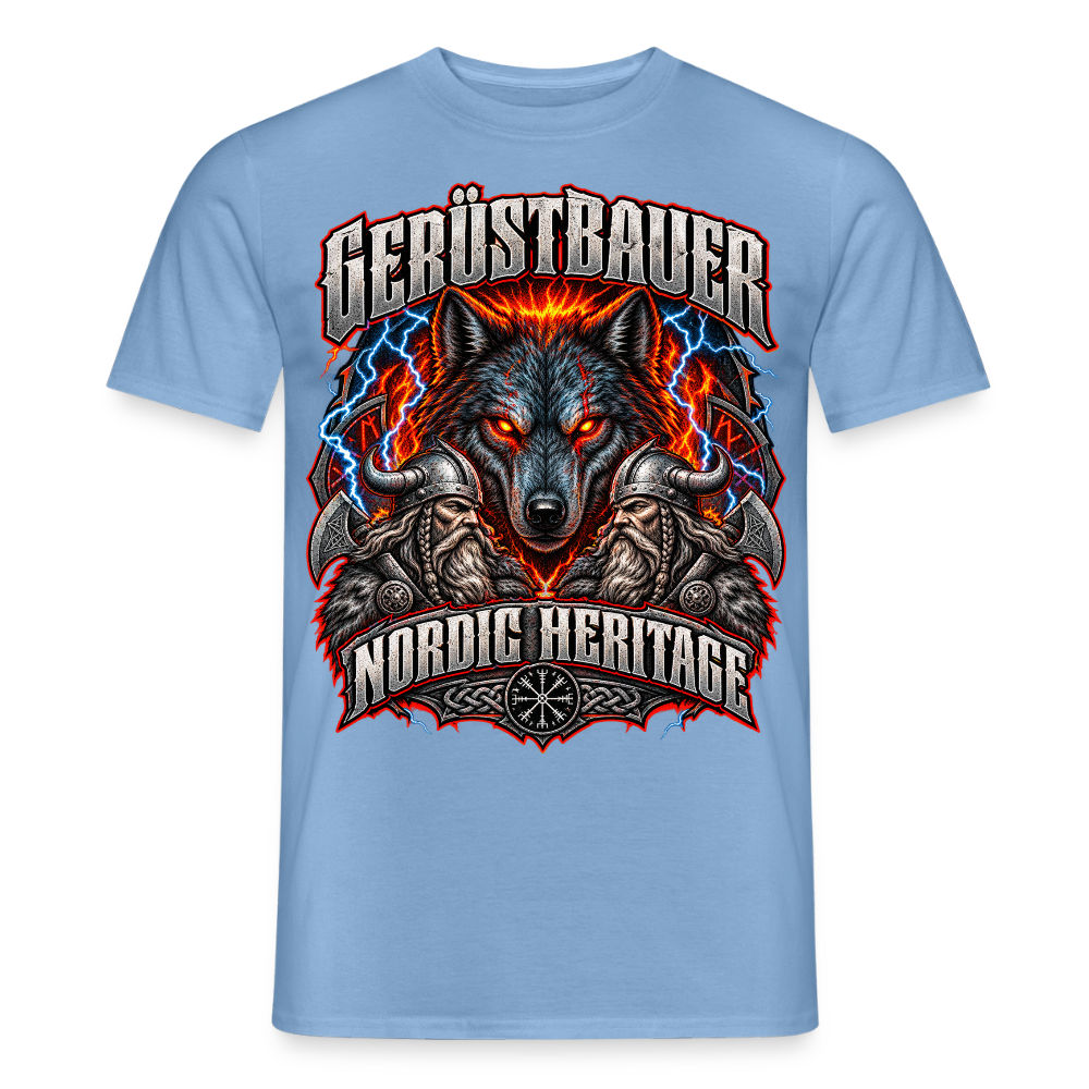 Gerüstbauer Nordic Heritage – Wolf – Gerüstbauer T-Shirt für Männer in Carolina Blue: Wolf vor Feuer, Schriftzug „Gerüstbauer – Nordic Heritage“