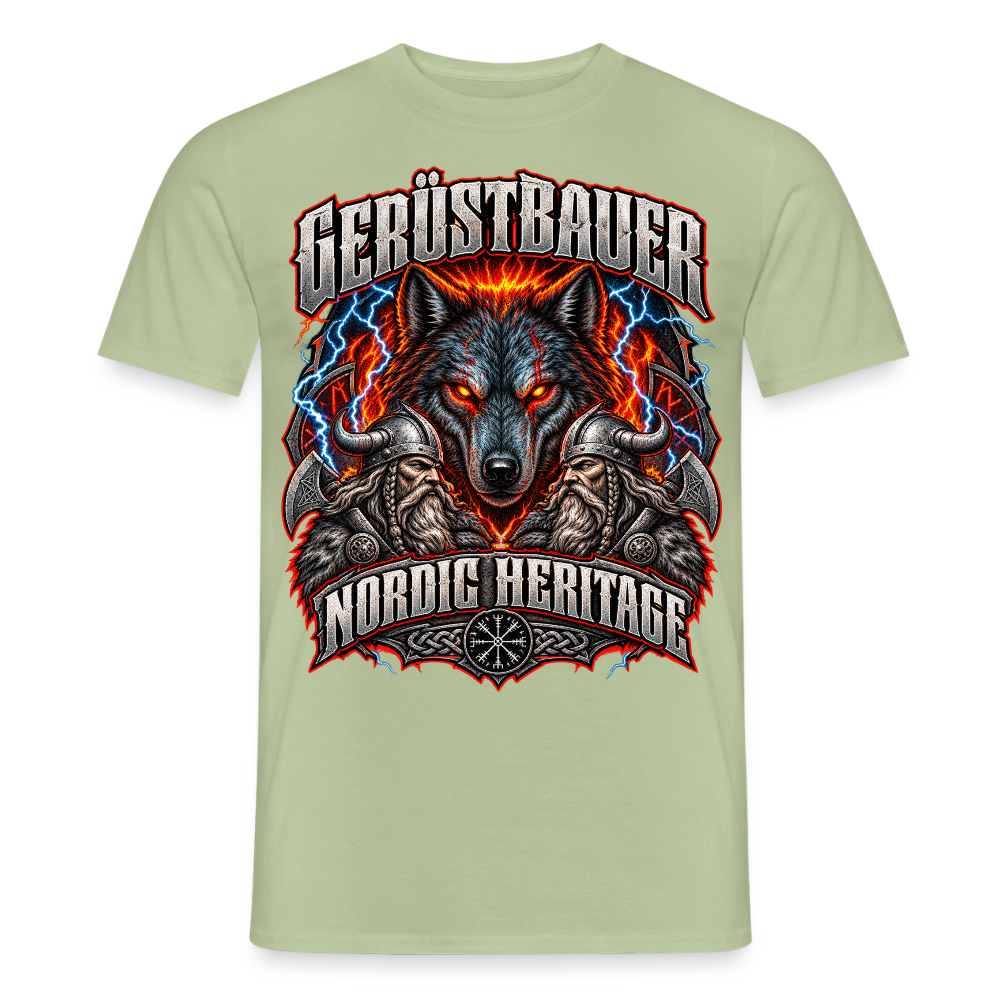 Gerüstbauer Nordic Heritage – Wolf – Gerüstbauer T-Shirt für Männer in Sage: Wolf vor Feuer, Schriftzug „Gerüstbauer – Nordic Heritage“