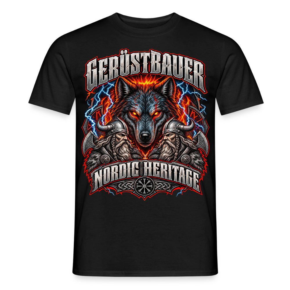 Gerüstbauer Nordic Heritage – Wolf – Gerüstbauer T-Shirt für Männer in Schwarz: Wolf vor Feuer, Schriftzug „Gerüstbauer – Nordic Heritage“