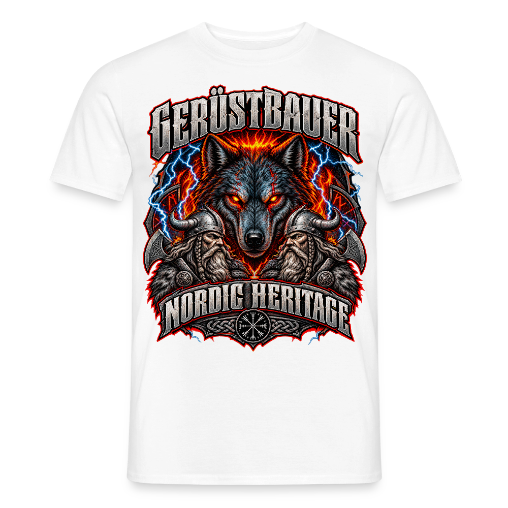 Gerüstbauer Nordic Heritage – Wolf – Gerüstbauer T-Shirt für Männer in Weiß: Wolf vor Feuer, Schriftzug „Gerüstbauer – Nordic Heritage“