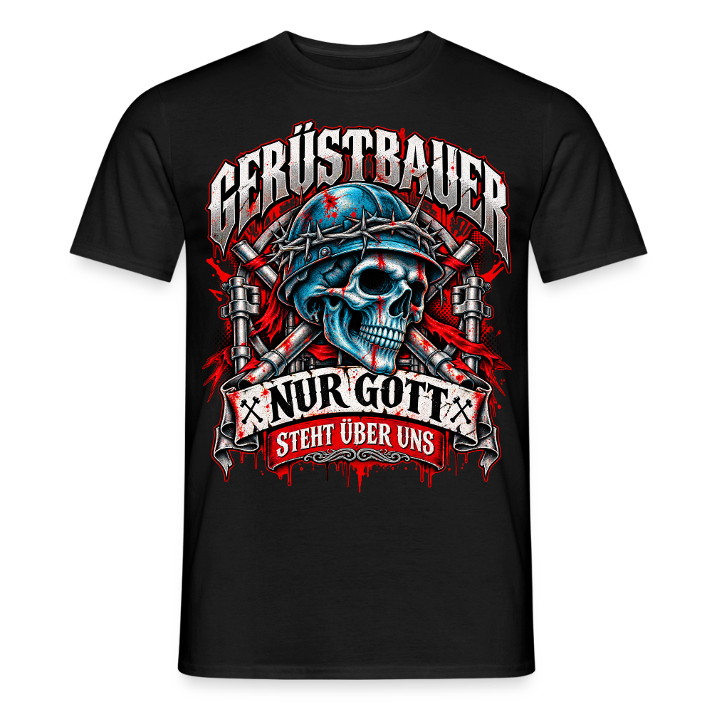 Gerüstbauer nur Gott steht über uns – Red Edition – Gerüstbauer T-Shirt für Männer in Schwarz: Totenkopf mit Cap vor roten Farbspritzern, Spruch „Nur Gott steht über uns“