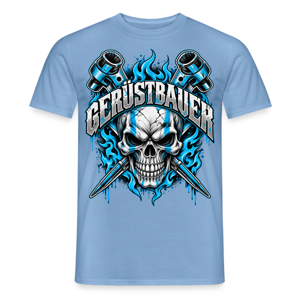 Gerüstbauer Ratsche – Gerüstbauer T-Shirt für Männer in Carolina Blue: Totenkopf in blauen Flammen mit gekreuzten Ratschen