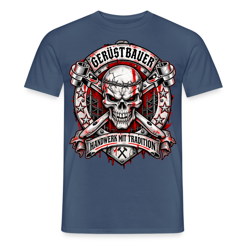 Gerüstbauer Skull – Gerüstbauer T-Shirt für Männer in Dunkles Denimblau: Totenkopf mit gekreuzten Ratschen im Wappen, Banner „Handwerk mit Tradition“
