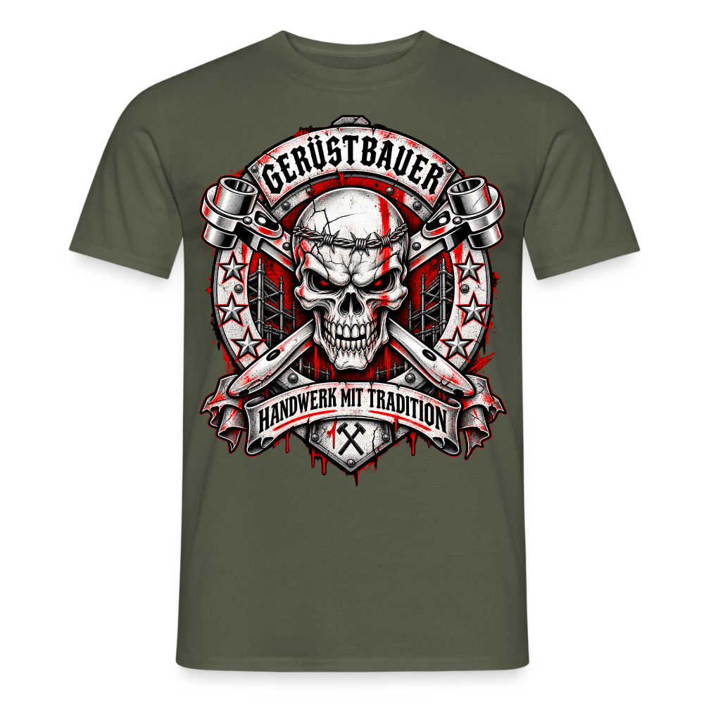 Gerüstbauer Skull – Gerüstbauer T-Shirt für Männer in Militärgrün: Totenkopf mit gekreuzten Ratschen im Wappen, Banner „Handwerk mit Tradition“