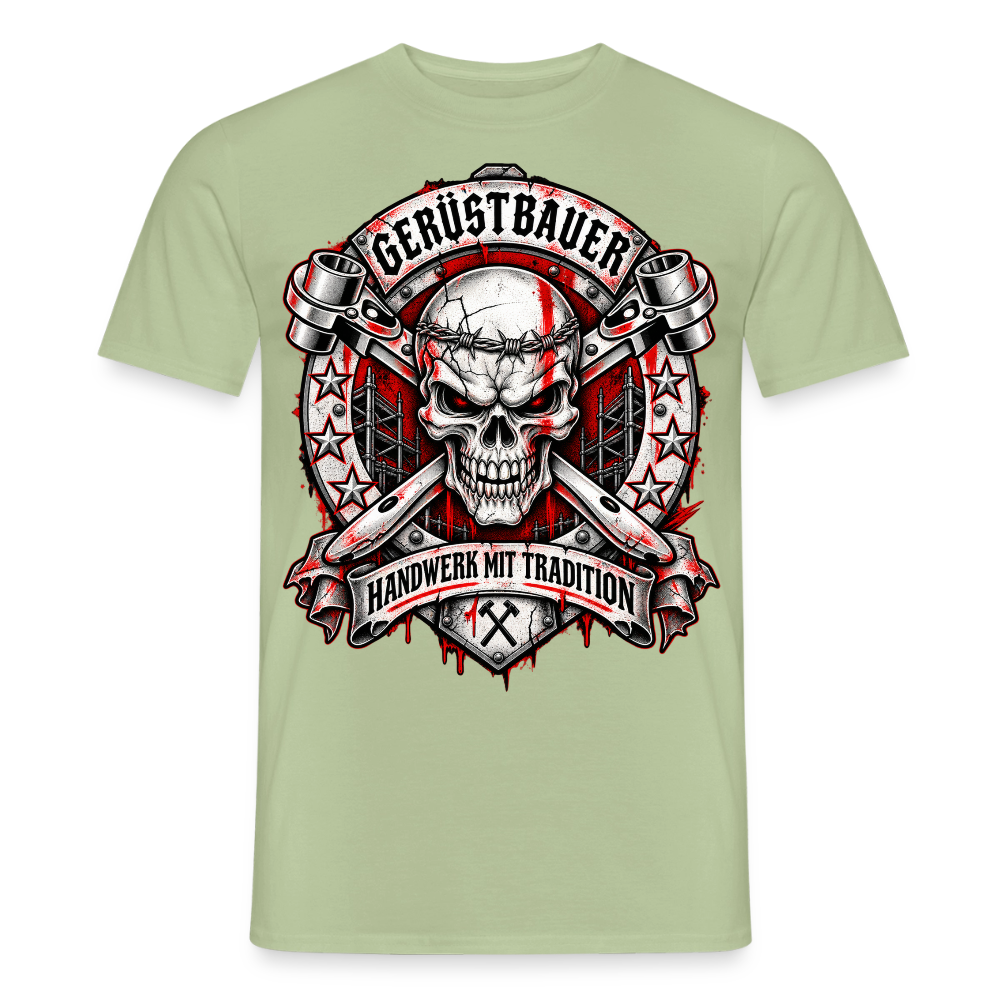 Gerüstbauer Skull – Gerüstbauer T-Shirt für Männer in Sage: Totenkopf mit gekreuzten Ratschen im Wappen, Banner „Handwerk mit Tradition“