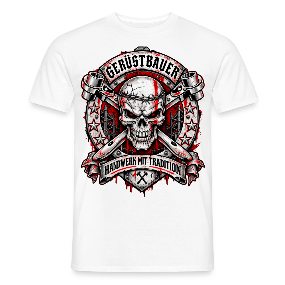 Gerüstbauer Skull – Gerüstbauer T-Shirt für Männer in Weiß: Totenkopf mit gekreuzten Ratschen im Wappen, Banner „Handwerk mit Tradition“