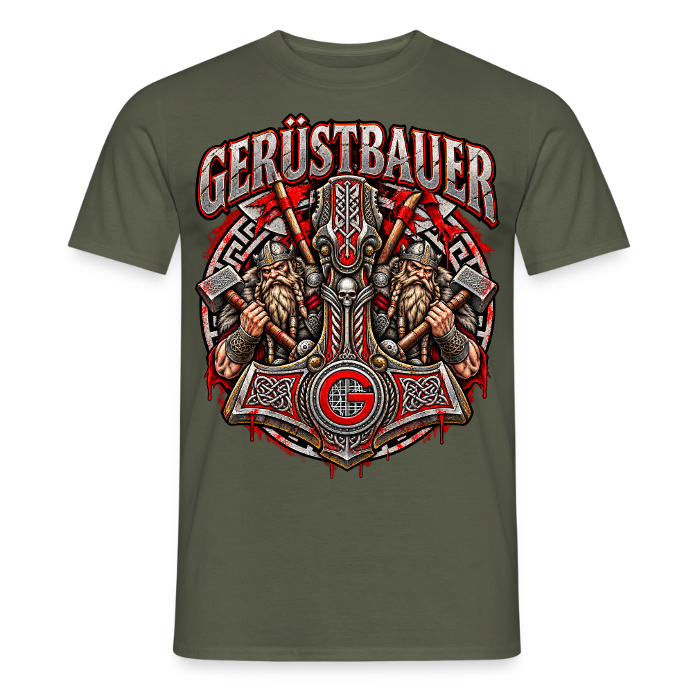 Gerüstbauer Thors Hammer – Gerüstbauer T-Shirt für Männer in Militärgrün: Thors Hammer Mjölnir mit zwei Wikinger-Kriegern und Gerüstbauer-Emblem