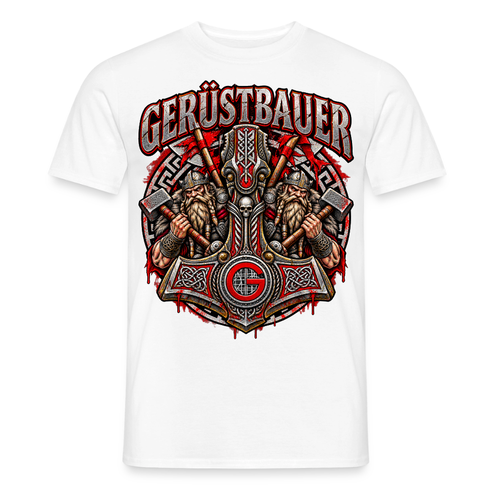 Gerüstbauer Thors Hammer – Gerüstbauer T-Shirt für Männer in Weiß: Thors Hammer Mjölnir mit zwei Wikinger-Kriegern und Gerüstbauer-Emblem