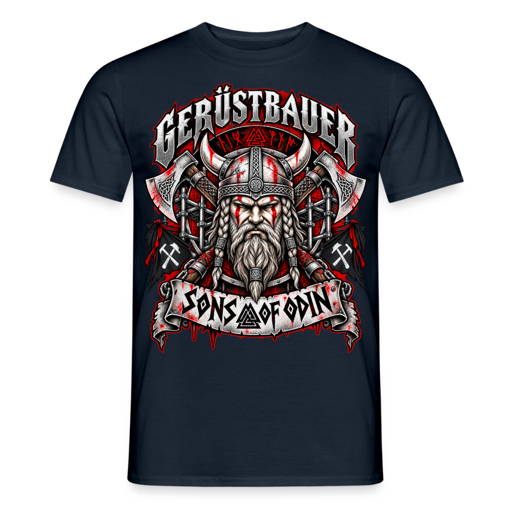Gerüstbauer Viking – Gerüstbauer T-Shirt für Männer in Navy: Wikinger-Krieger mit Äxten, Schriftzug „Sons of Odin“