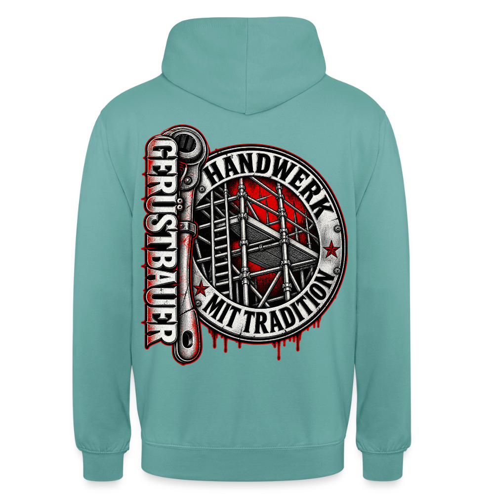 Gerüstbauer Ratsche Badge – Gerüstbauer Hoodie in Pastelltürkis, Rückendruck: rundes Gerüst-Abzeichen „Handwerk mit Tradition“ und große Ratsche mit Schriftzug „Gerüstbauer“
