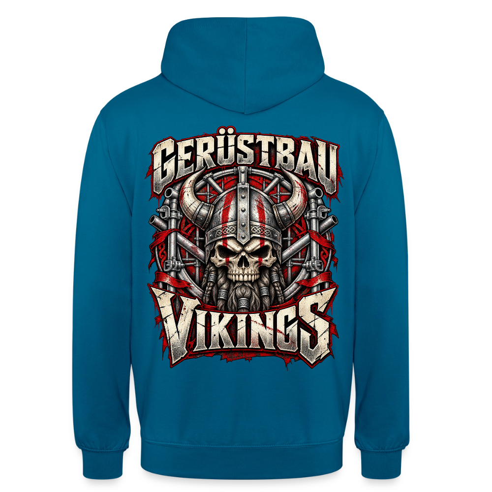 Gerüstbau Vikings – Gerüstbauer Hoodie in Tiefseeblau, Rückendruck: Wikinger-Totenkopf mit Hörnerhelm vor Gerüst, Schriftzug „Gerüstbau Vikings“