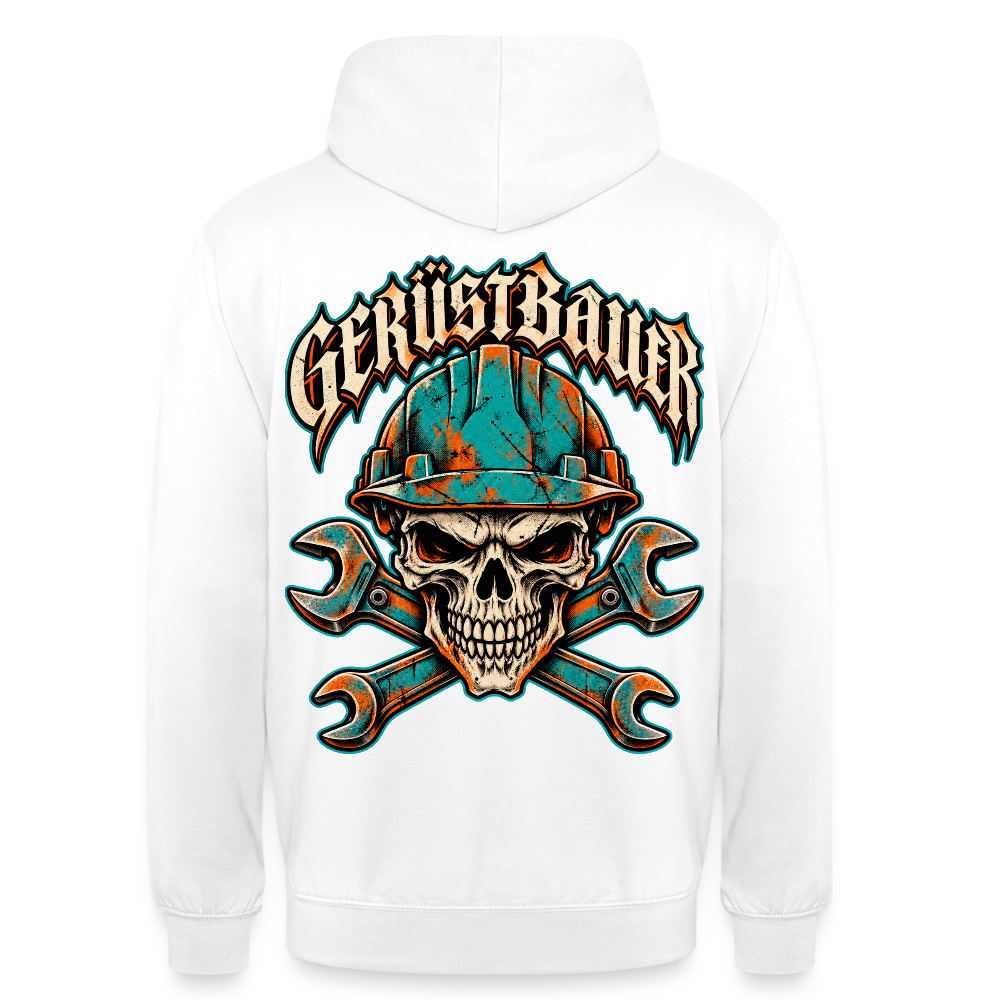 Gerüstbauer Skull – Gerüstbauer Hoodie in Weiß, Rückendruck: Totenkopf mit türkisem Schutzhelm über gekreuzten Maulschlüsseln, Frakturschrift „Gerüstbauer“
