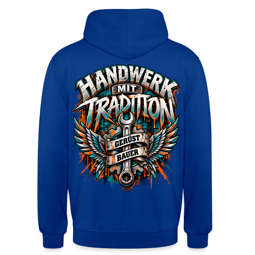 Gerüstbauer Flügel – Gerüstbauer Hoodie in Royalblau, Rückendruck: geflügelter Ringschlüssel mit Zahnrad, Banner „Gerüst Bauer“, Schriftzug „Handwerk mit Tradition“