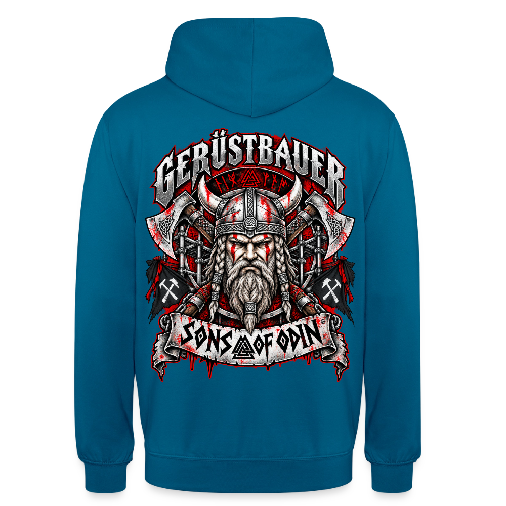 Gerüstbauer Viking – Gerüstbauer Hoodie in Tiefseeblau, Rückendruck: Wikinger-Krieger mit Hörnerhelm und Äxten, Banner „Sons of Odin“