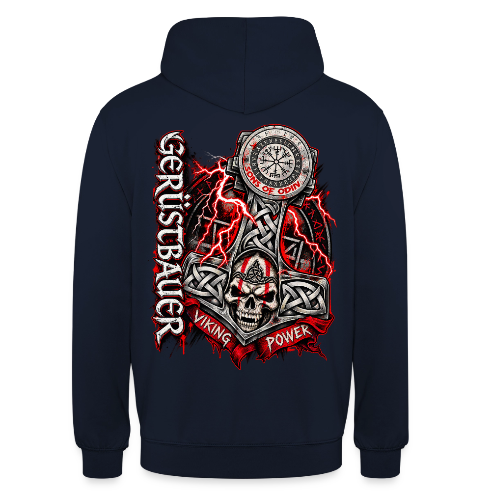 Gerüstbau Viking – Gerüstbauer Hoodie in Navy, Rückendruck: Thors Hammer mit Totenkopf, Blitzen und Schriftzug „Viking Power“