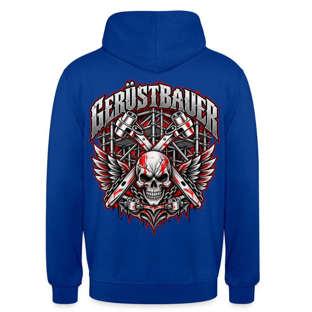 Gerüstbauer Ratsche Schädel – Gerüstbauer Hoodie in Royalblau, Rückendruck: geflügelter Totenkopf vor gekreuzten Ratschen und Gerüst, Schriftzug „Gerüstbauer“