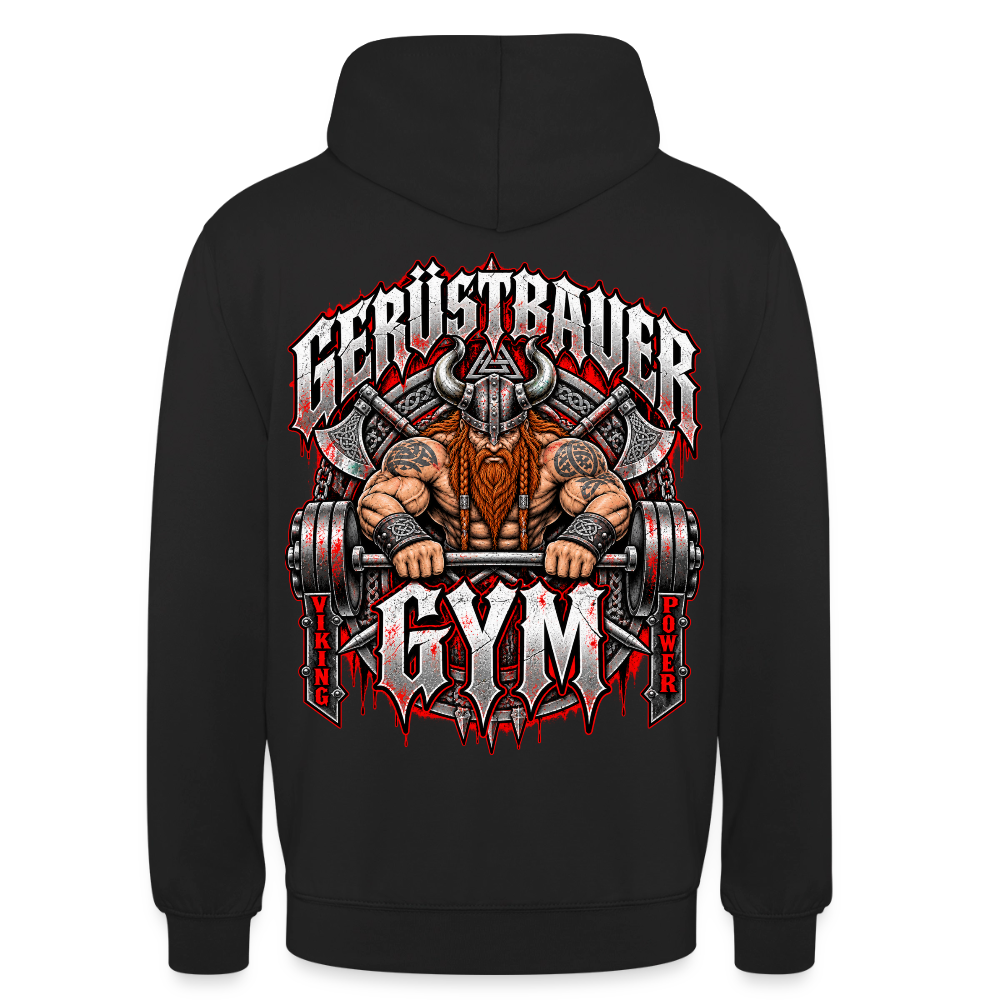 Gerüstbauer GYM – Gerüstbauer Hoodie in Schwarz, Rückendruck: muskulöser Wikinger beim Hantelheben, Schriftzug „Gerüstbauer GYM – Viking Power“