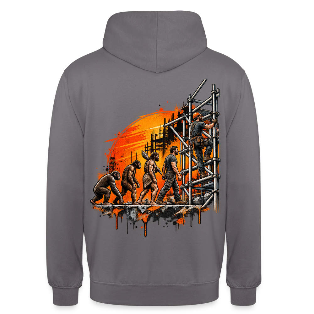 Gerüstbauer Evolution – Gerüstbauer Hoodie in Mittelgrau, Rückendruck: Evolution vom Affen zum Gerüstbauer, der das Gerüst hochklettert, vor orangem Sonnenuntergang