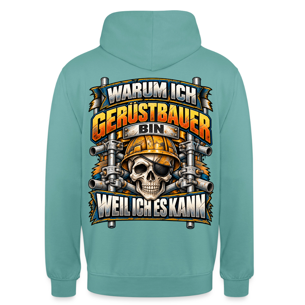 Warum ich Gerüstbauer bin – Gerüstbauer Hoodie in Pastelltürkis, Rückendruck: Totenkopf mit Augenklappe und Helm zwischen Gerüstrohren, Spruch „Warum ich Gerüstbauer bin – weil ich es kann“