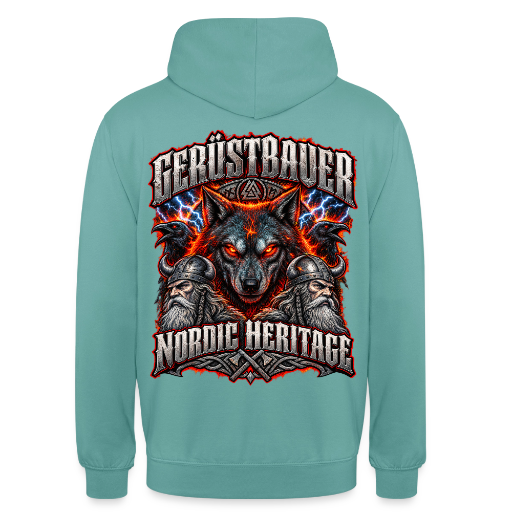 Gerüstbauer Nordic Heritage – Gerüstbauer Hoodie in Pastelltürkis, Rückendruck: Wolf vor Flammen und Blitzen, zwei Raben, Wikinger und Schriftzug „Nordic Heritage“