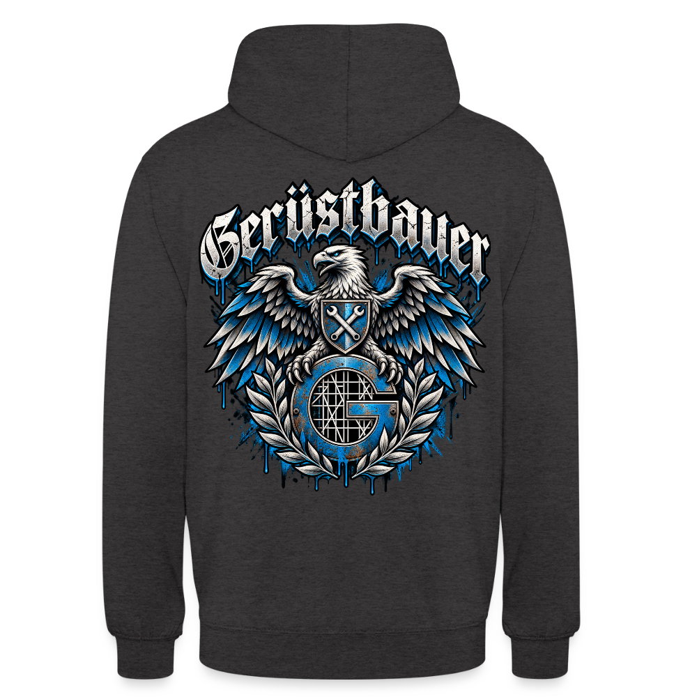 Gerüstbauer Adler Zunftwappen – Gerüstbauer Hoodie in Anthrazit, Rückendruck: Adler mit Wappenschild über blauem G-Zunftzeichen und Lorbeerkranz, Frakturschrift „Gerüstbauer“