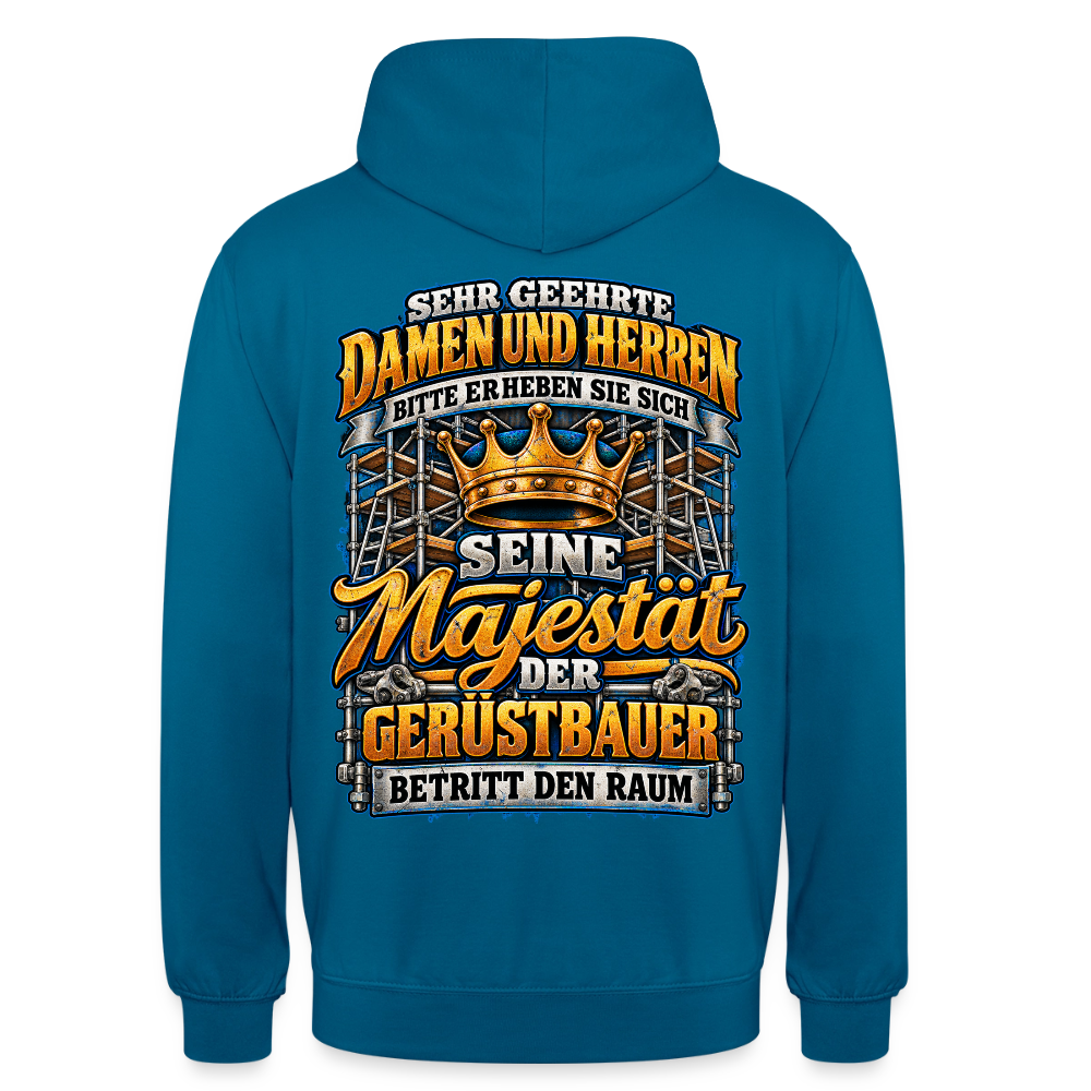 Seine Majestät der Gerüstbauer – Gerüstbauer Hoodie in Tiefseeblau, Rückendruck: goldene Krone vor Gerüst, Spruch „Bitte erheben Sie sich – Seine Majestät der Gerüstbauer betritt den Raum“