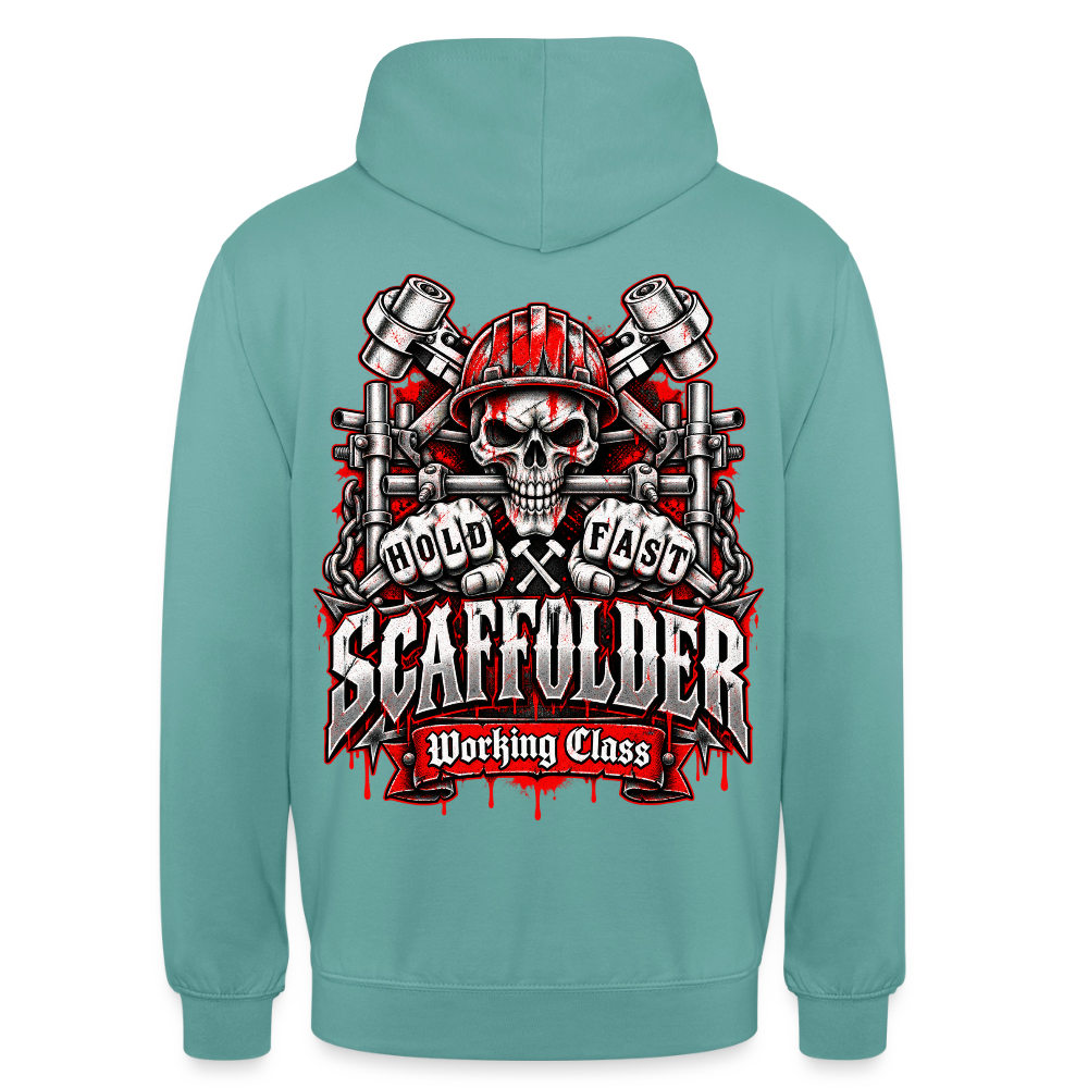 Scaffolder Hold Fast – Gerüstbauer Hoodie in Pastelltürkis, Rückendruck: Totenkopf mit rotem Helm und Gerüstrohr zwischen den Zähnen, Fäuste „Hold Fast“, Banner „Scaffolder – Working Class“