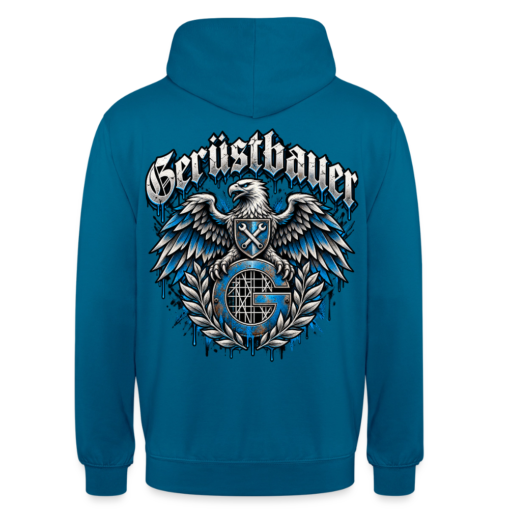 Gerüstbauer Adler Zunftwappen – Gerüstbauer Hoodie in Tiefseeblau, Rückendruck: Adler mit Wappenschild über blauem G-Zunftzeichen und Lorbeerkranz, Frakturschrift „Gerüstbauer“