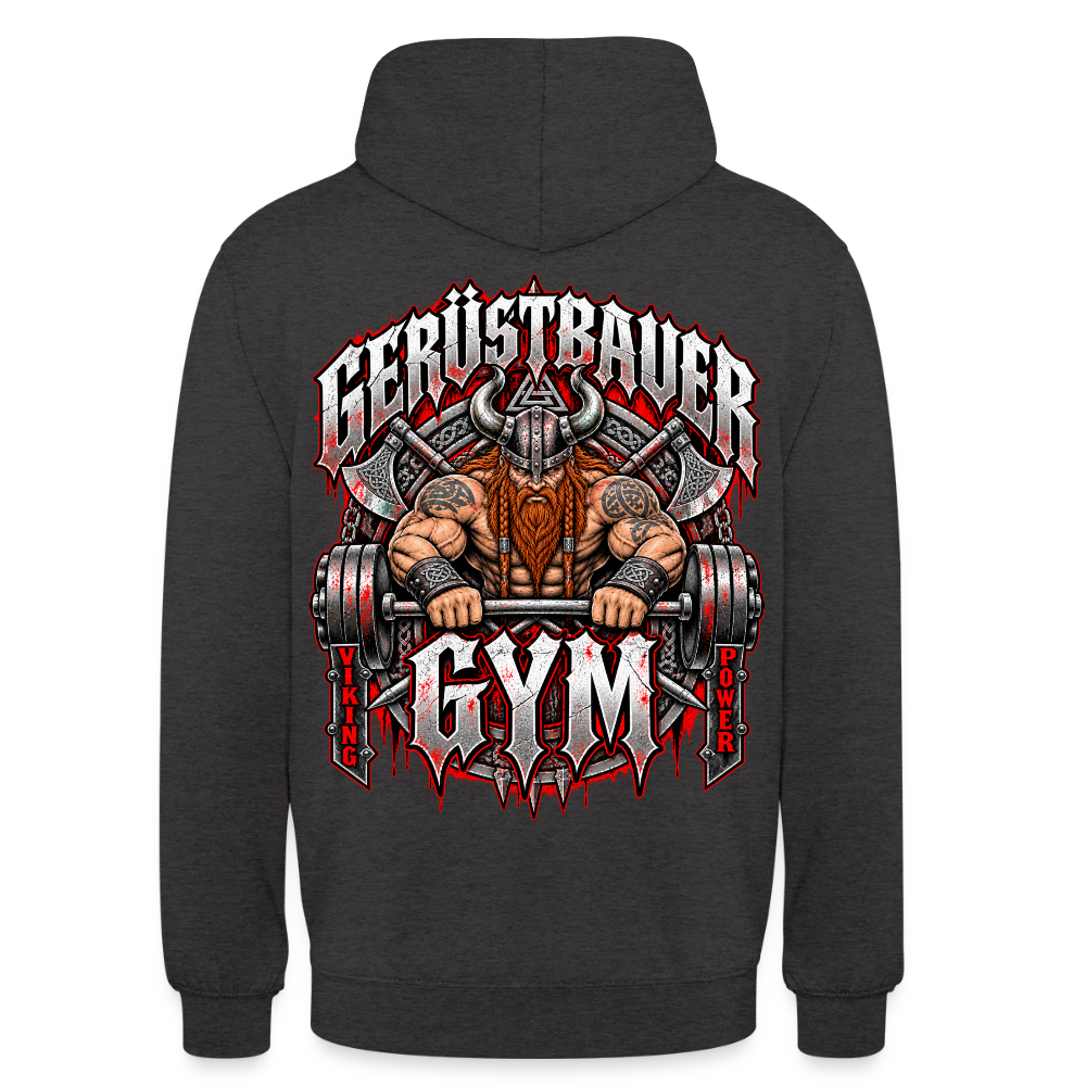 Gerüstbauer GYM – Gerüstbauer Hoodie in Anthrazit, Rückendruck: muskulöser Wikinger beim Hantelheben, Schriftzug „Gerüstbauer GYM – Viking Power“