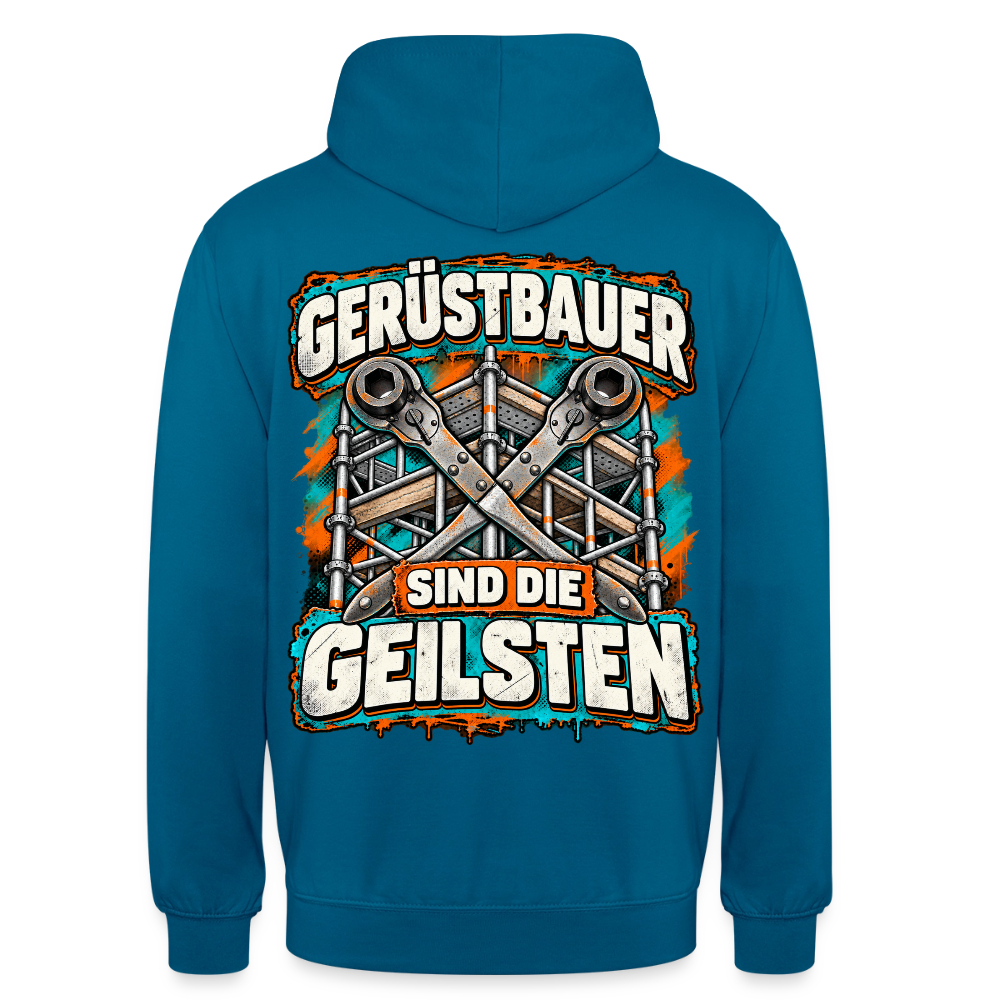 Gerüstbauer sind die Geilsten – Gerüstbauer Hoodie in Tiefseeblau, Rückendruck: Spruch „Gerüstbauer sind die Geilsten“ mit gekreuzten Ratschen vor Gerüst