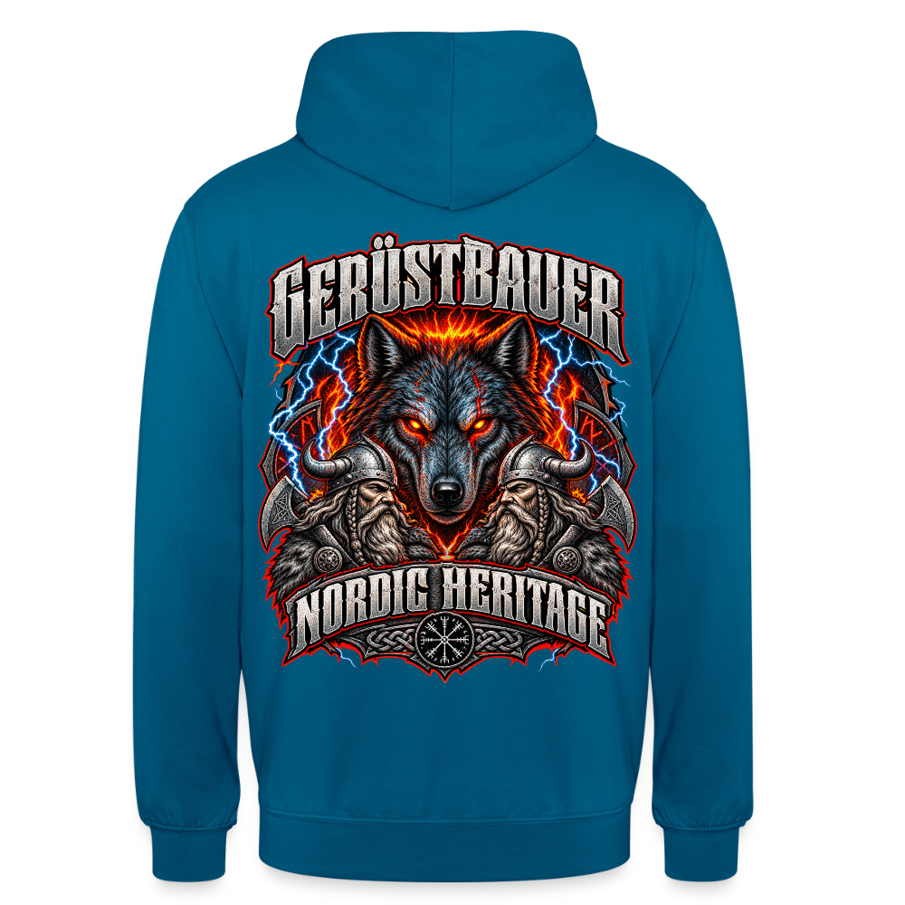 Gerüstbauer Nordic Heritage – Gerüstbauer Hoodie in Tiefseeblau, Rückendruck: Wolf mit glühenden Augen, Blitze, zwei Wikinger und Schriftzug „Nordic Heritage“