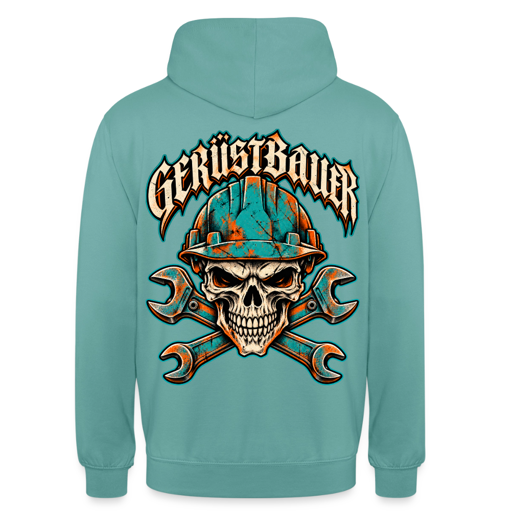 Gerüstbauer Skull – Gerüstbauer Hoodie in Pastelltürkis, Rückendruck: Totenkopf mit türkisem Schutzhelm über gekreuzten Maulschlüsseln, Frakturschrift „Gerüstbauer“