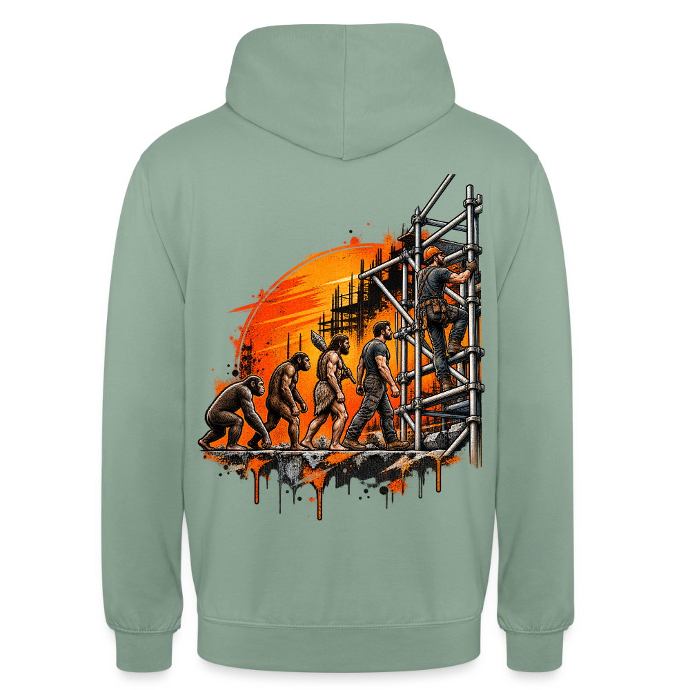 Gerüstbauer Evolution – Gerüstbauer Hoodie in Graugrün, Rückendruck: Evolution vom Affen zum Gerüstbauer, der das Gerüst hochklettert, vor orangem Sonnenuntergang