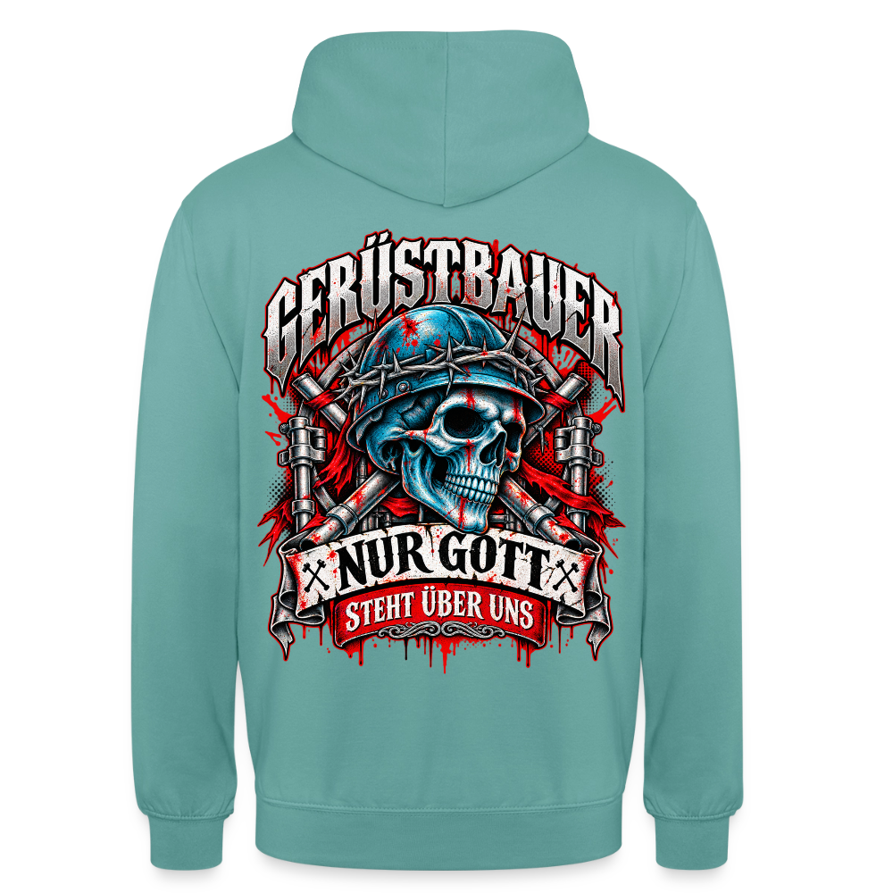 Gerüstbauer Nur Gott steht über uns – Gerüstbauer Hoodie in Pastelltürkis, Rückendruck: Totenkopf mit blauem Helm und Stacheldraht vor gekreuzten Ratschen, Banner „Nur Gott steht über uns“