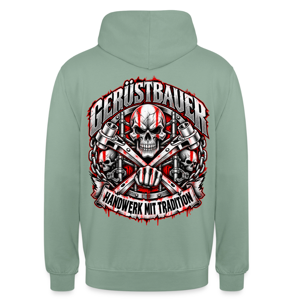 Gerüstbauer Schädel – Gerüstbauer Hoodie in Graugrün, Rückendruck: Totenkopf über gekreuzten Ratschen, Faust, Ketten und Banner „Handwerk mit Tradition“