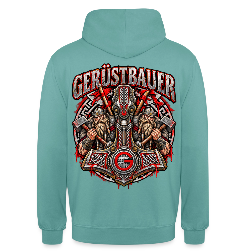 Gerüstbauer Thors Hammer – Gerüstbauer Hoodie in Pastelltürkis, Rückendruck: Thors Hammer mit G-Zunftzeichen und zwei Wikingern, Schriftzug „Gerüstbauer“
