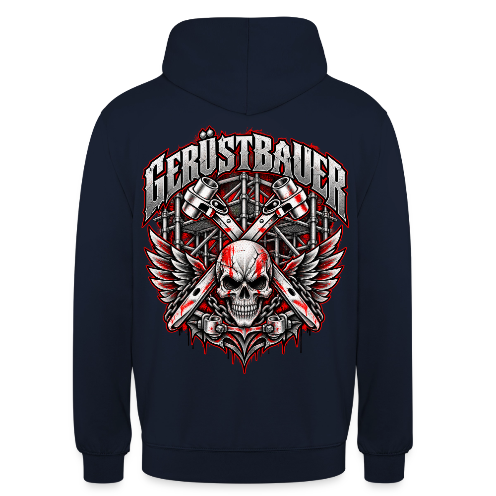 Gerüstbauer Ratsche Schädel – Gerüstbauer Hoodie in Navy, Rückendruck: geflügelter Totenkopf vor gekreuzten Ratschen und Gerüst, Schriftzug „Gerüstbauer“