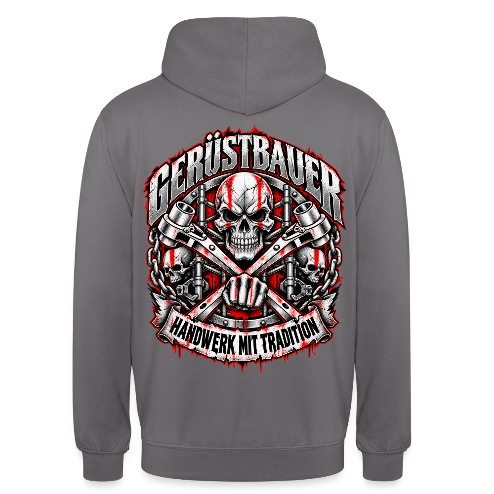 Gerüstbauer Schädel – Gerüstbauer Hoodie in Mittelgrau, Rückendruck: Totenkopf über gekreuzten Ratschen, Faust, Ketten und Banner „Handwerk mit Tradition“
